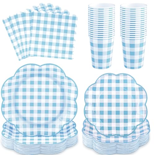 250 Pcs Blue Gingham Party Supplies, Scalloped Blue and White Checkered Tableware Set Includes Disposable Plates Napkins and Cups for Wedding Birthday Picnic Baby Bridal Shower