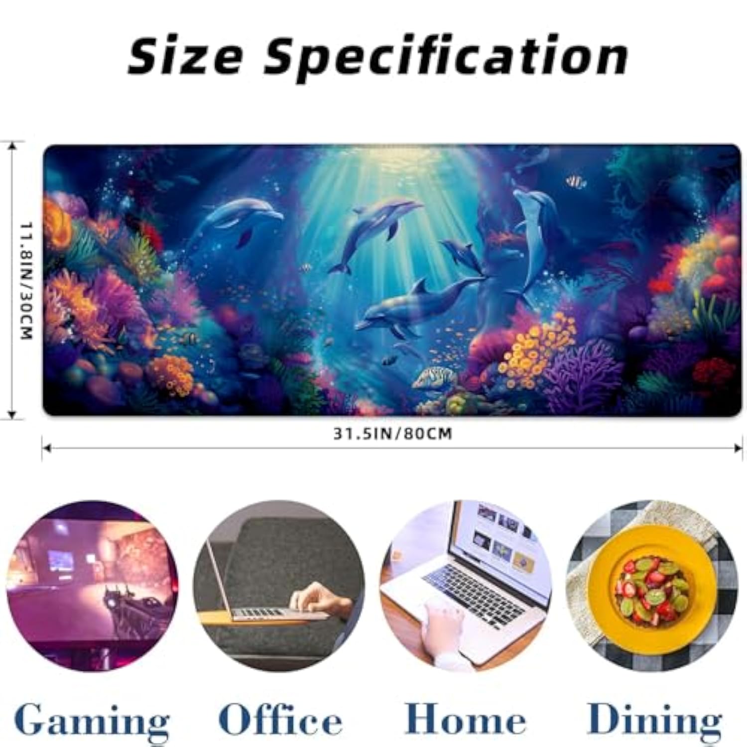 Adorable Dolphin Gaming Mouse Pad Extended Desk Computer Keyboard Laptop Vibrant Ocean Coral Mouse Pads For Home Office Work, Large Long Desk Mat Mousepad With Non-Slip Rubber Base 31.5×11.8Inch