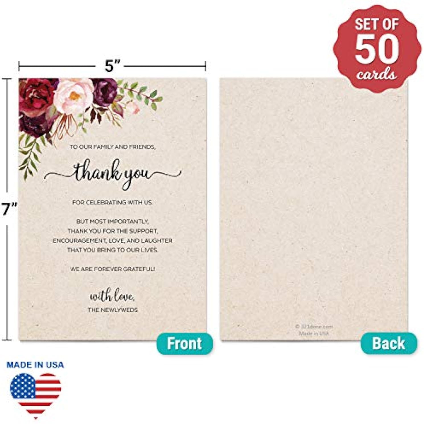 Thank You Wedding Place Setting Cards (Set Of 50) Made In Usa, Jumbo Floral Table Message - Watercolor Red Roses On Tan X-Large 5X7 With Love From The Newlyweds Engagement Rehearsal Party