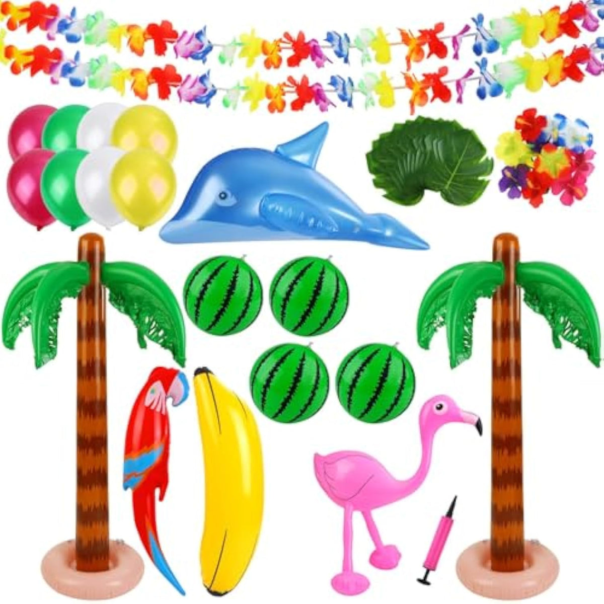 Inflatable Luau Party Set 2 Pack Palm Trees 4 Pack Inflatable Watermelon 12 Pack Hawaiian Flowers 12 Pack Monstera Leaves 20 Pack Balloons Wingless Parrot Flamingo Banana For Party Supply