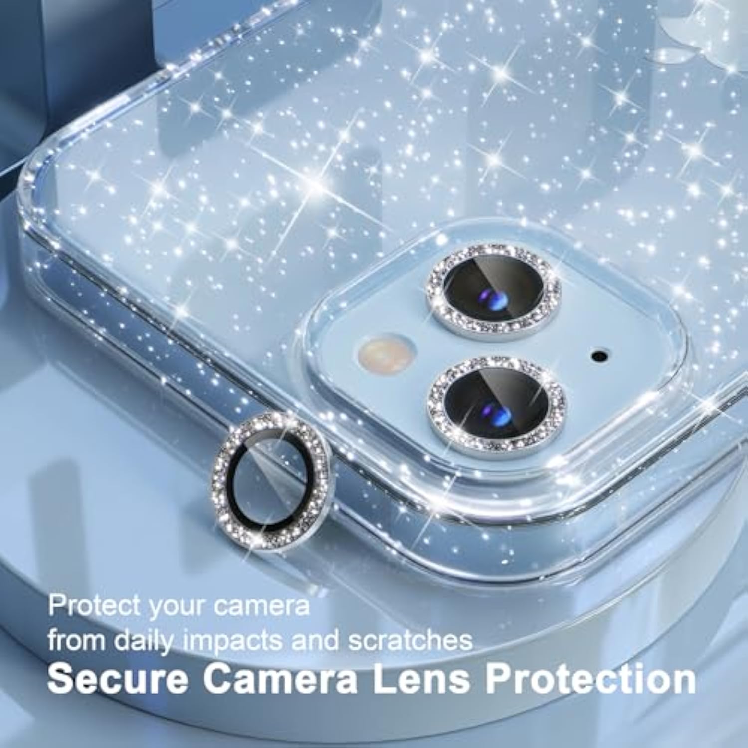 Compatible For 14 Plus Case Cute, Women Clear Glitter Bling Sparkly Case, [2 X Diamond Camera Lens Protectors] [2 X Tempered Glass Screen Protectors] 6.7-Inch (Glitter Clear)