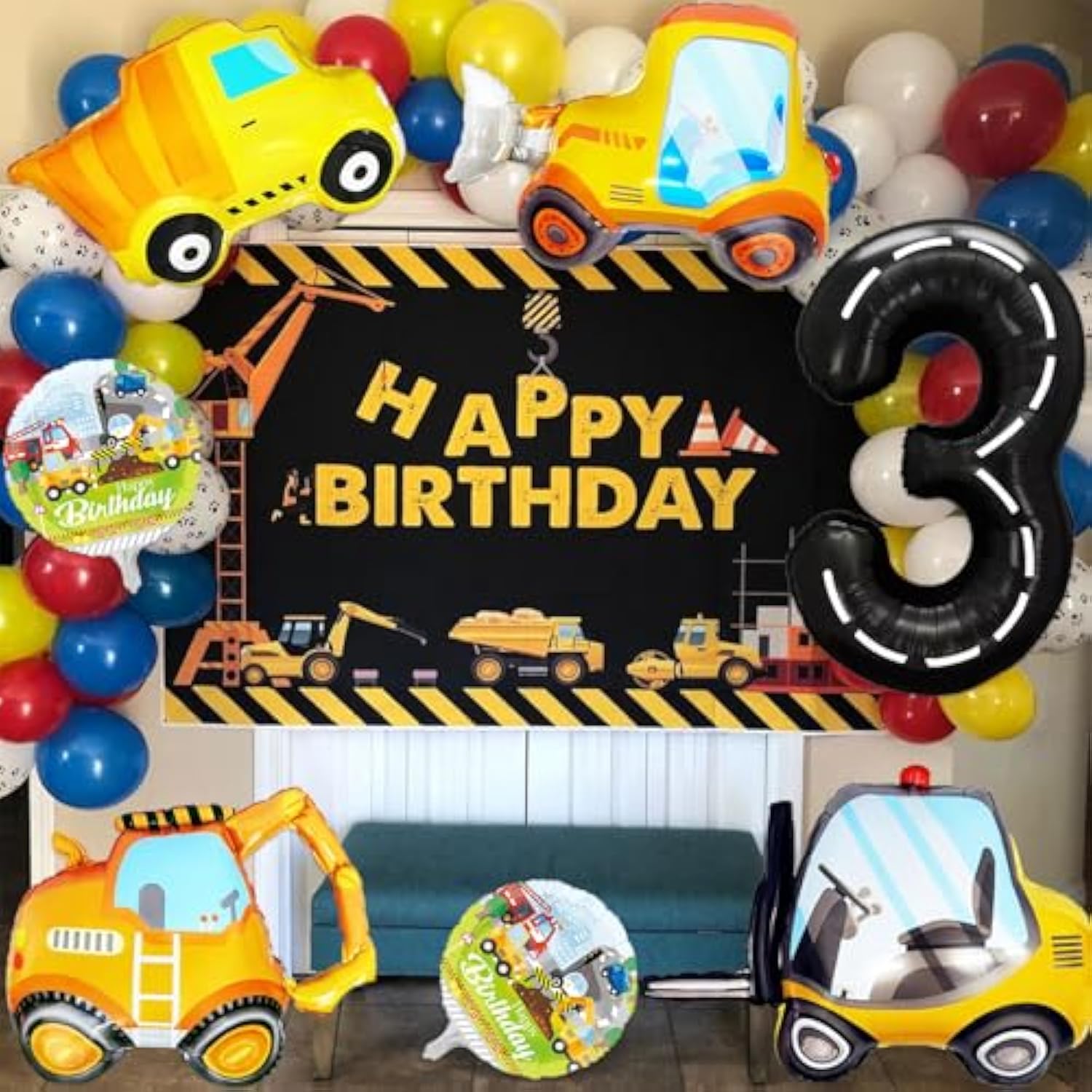 7 Pcs Construction Balloons 40" Number 3 Excavator Truck Bulldozer Birthday Decor