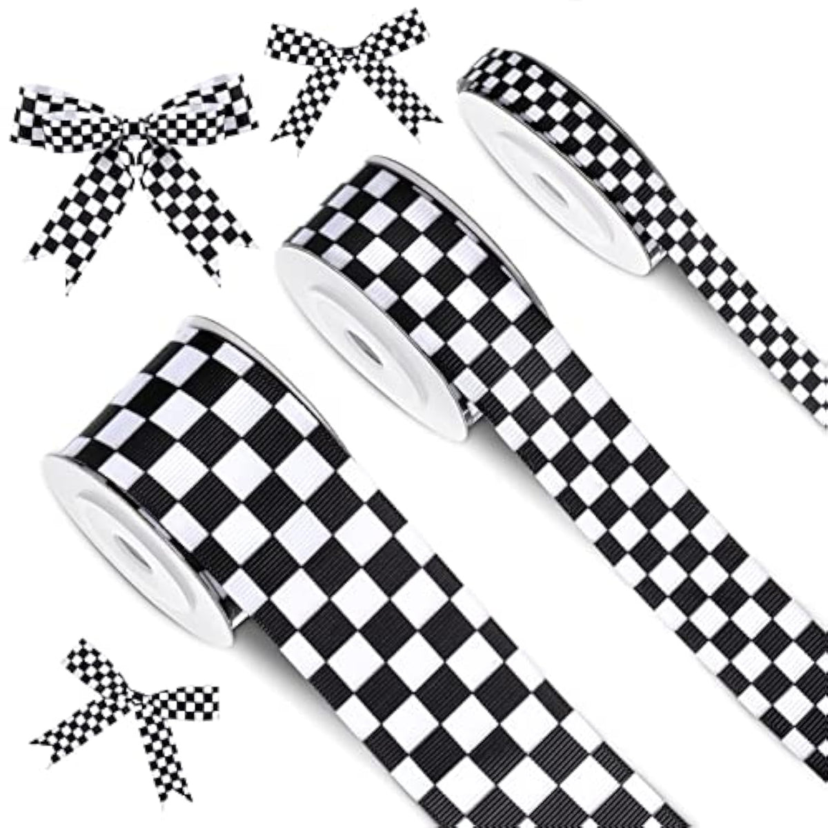 3 Rolls Black Grosgrain Ribbon White Checkered Printed Ribbon Racing C