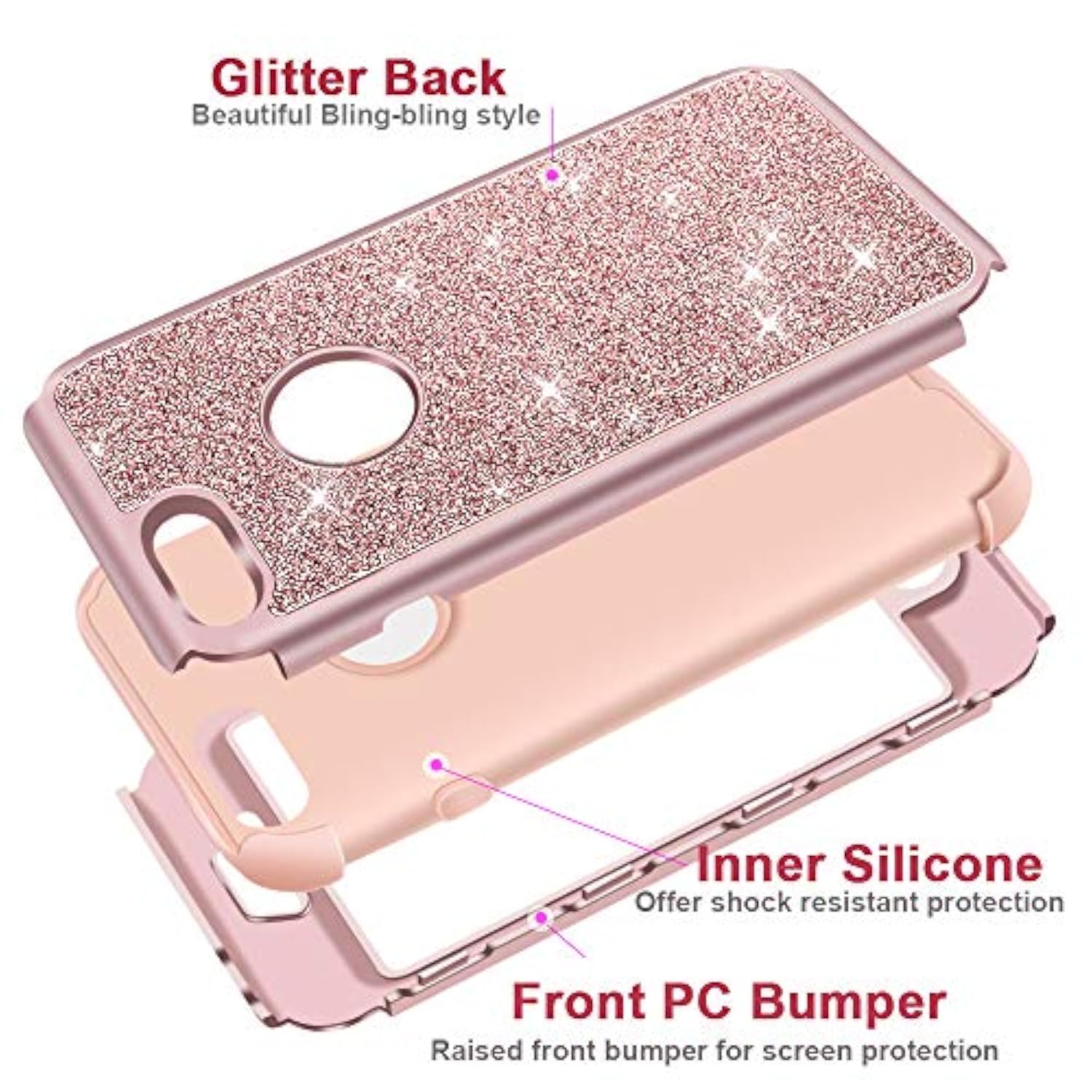 Heavy Duty Defender Protective Bling Glitter Sparkle Hard Shell Hybrid Shockproof Rubber Bumper Cover for iPhone 7 Plus and 8 Plus, Rose Gold