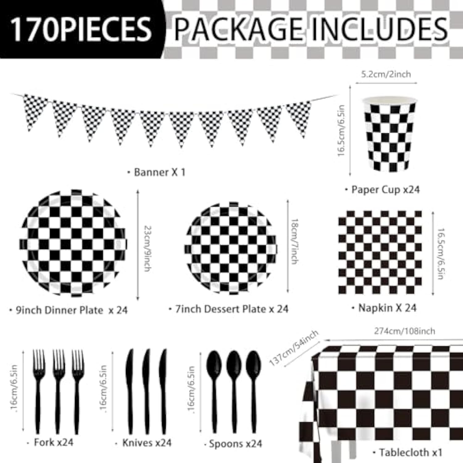 170 Pcs Race Car Birthday Party Decorations Black And White Checkered Plates And Napkins, Checkered Party Supplies Serves 24