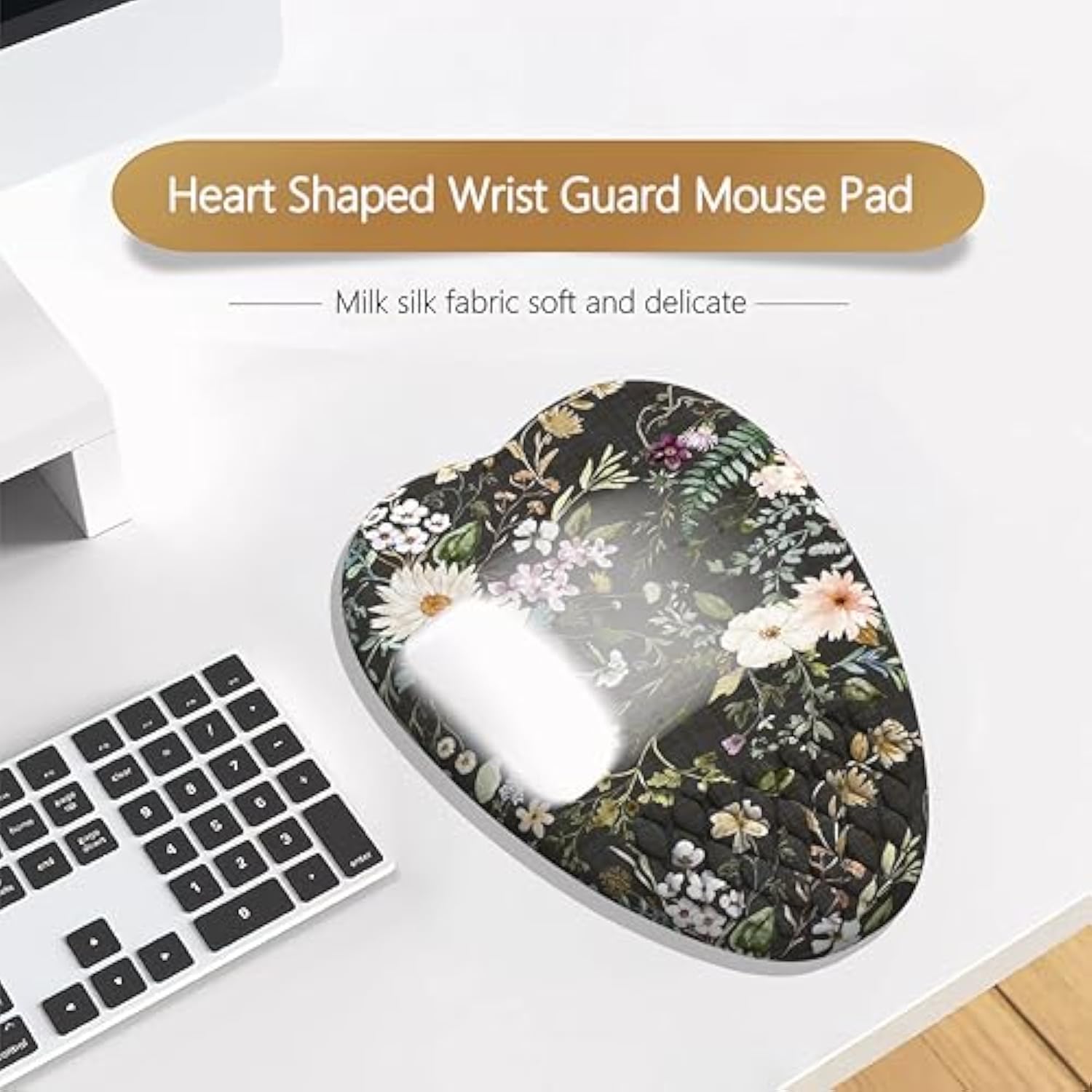 Dark Floral Ergonomic Gaming Mouse Pad With Wrist Support Boho Plant Mousepads With Wrist Rest, White Flower Mouse Pads With Heart-Shaped Design, Quality Milk Silk Fabric And Anti-Slip Pu Base