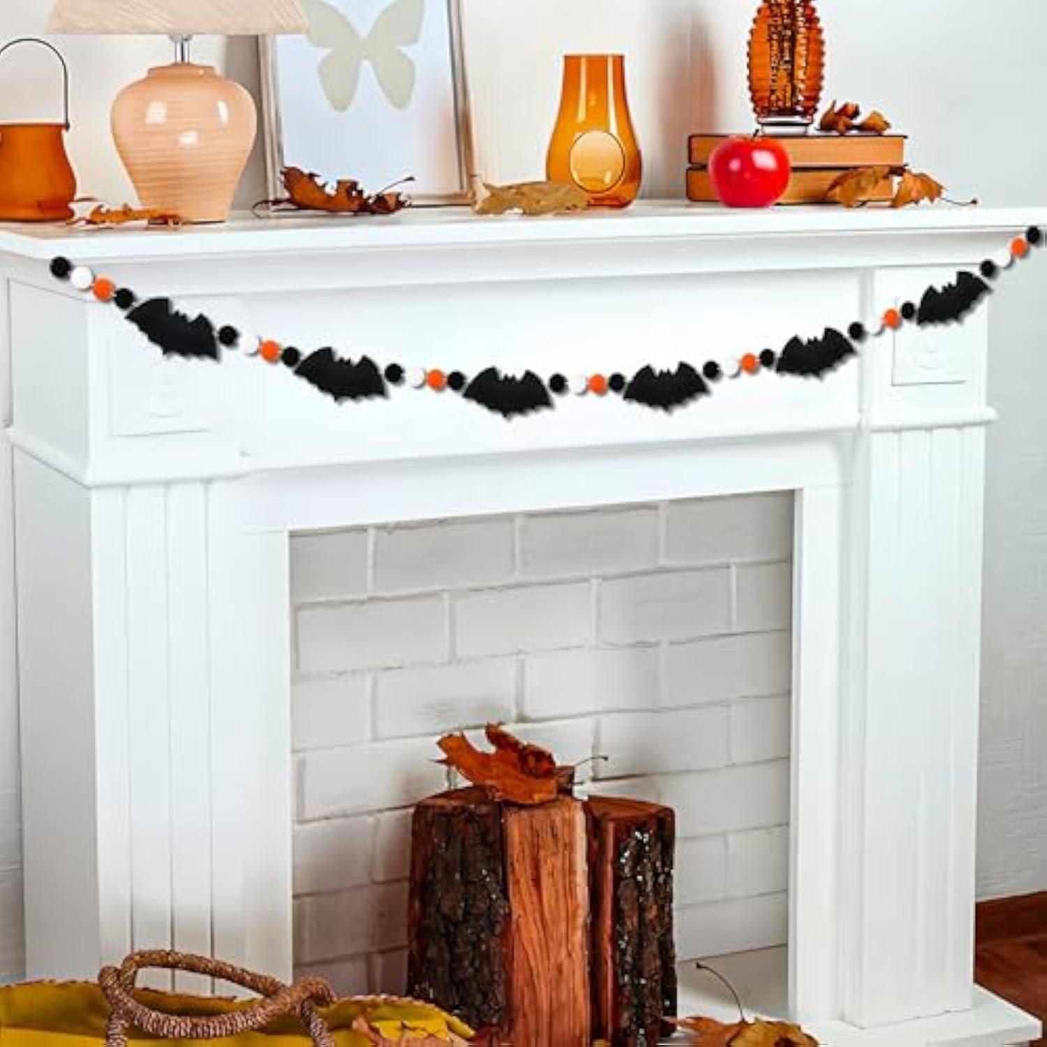 6.6Ft Halloween Felt Bats Banner Pre Strung 3D Bat Garland Pompom Ball Hanging Decor