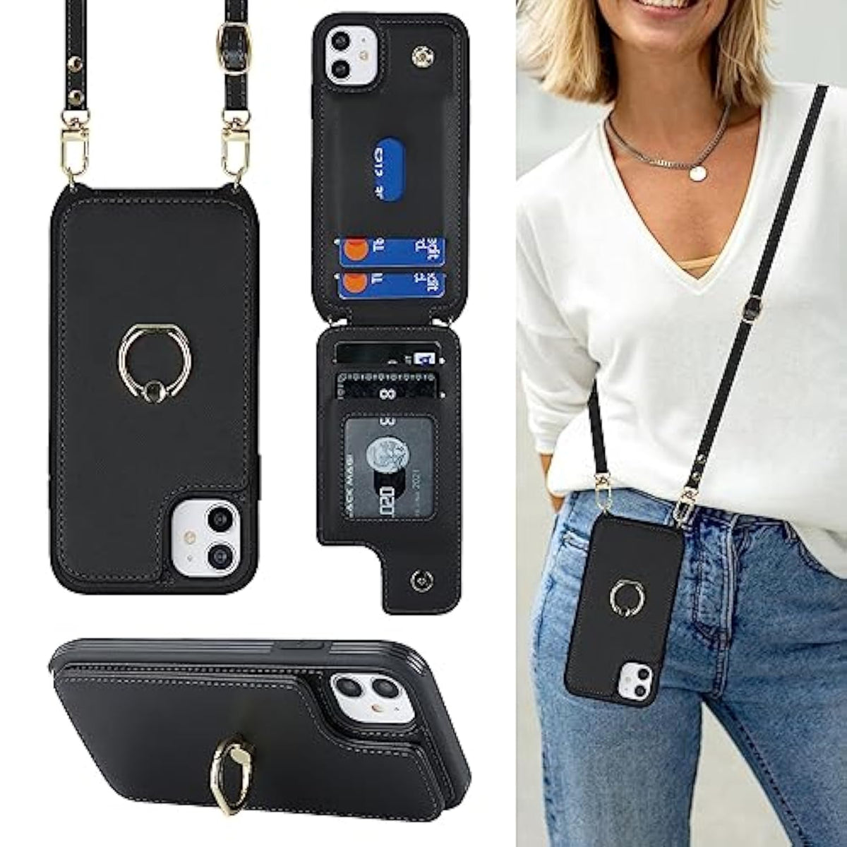 For Iphone 11 Phone Case With Card Holder And Strap For Women,Crossbody Lanyard,Kickstand Ring Stand,Snap Clasp,Phone Wallet Cases 6.1 Inch(Black)