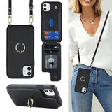 For Iphone 11 Phone Case With Card Holder And Strap For Women,Crossbody Lanyard,Kickstand Ring Stand,Snap Clasp,Phone Wallet Cases 6.1 Inch(Black)