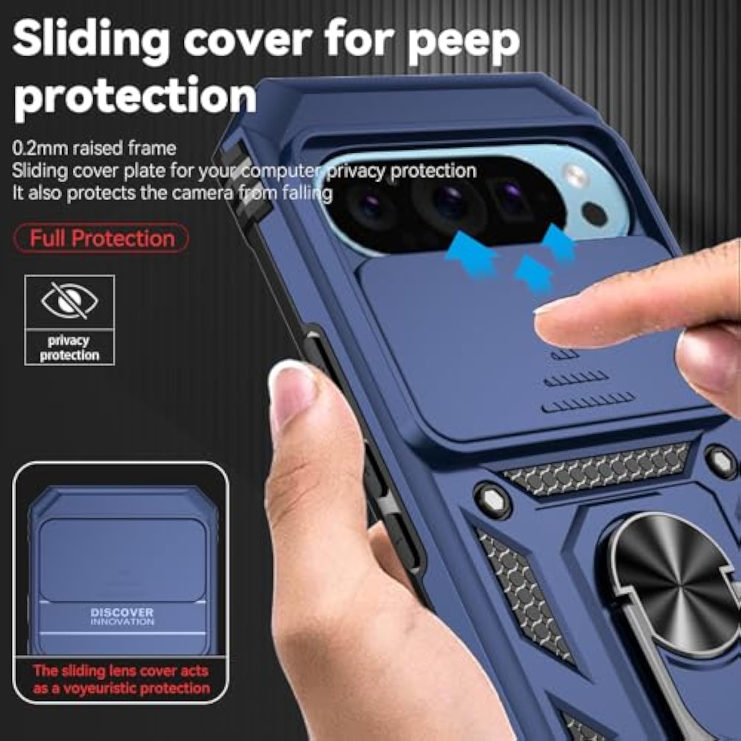 Google Pixel 9 Pro Case with Slide Camera Cover Screen Protector, Military Grade Drop Tested, Magnetic Ring Holder Kickstand Protective Phone Case, Navy Blue