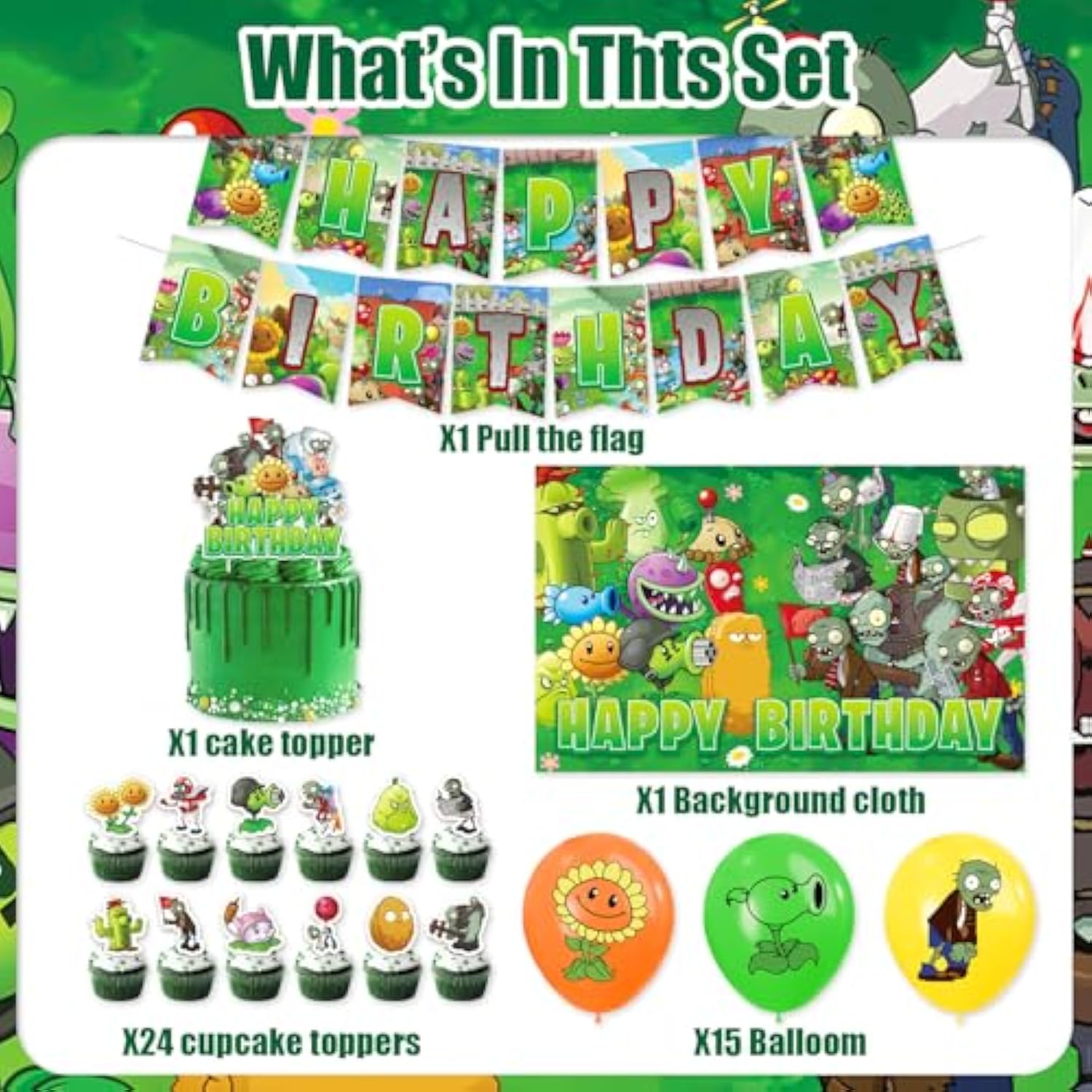 42Pcs Plants Zombies Party Supplies Pack Includes?Banner?Cake Topper?Blackdrop,Balloons For Plants Zombies Party Decoration