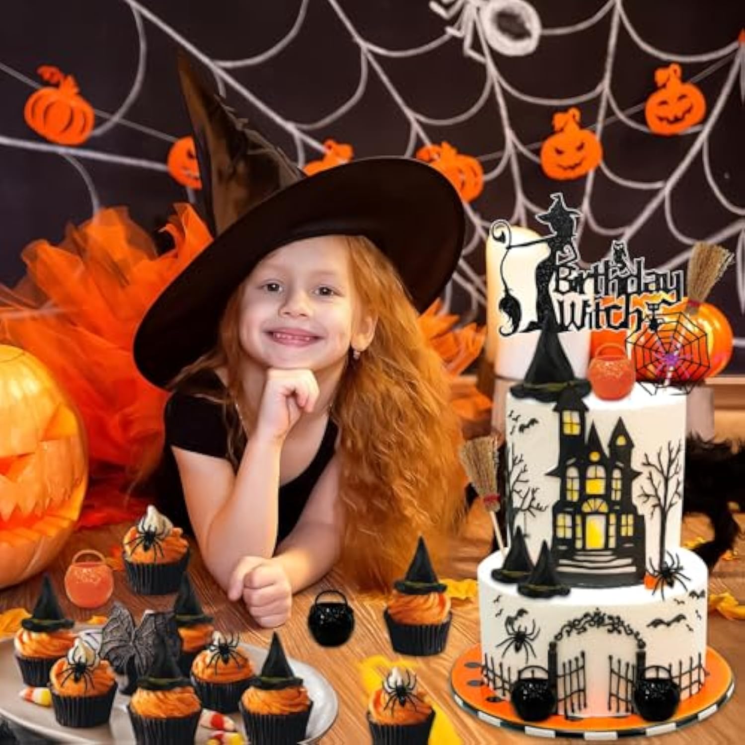 13pcs Witch Cake Toppers Black Hat Broom Spider Web Halloween Birthday Decor