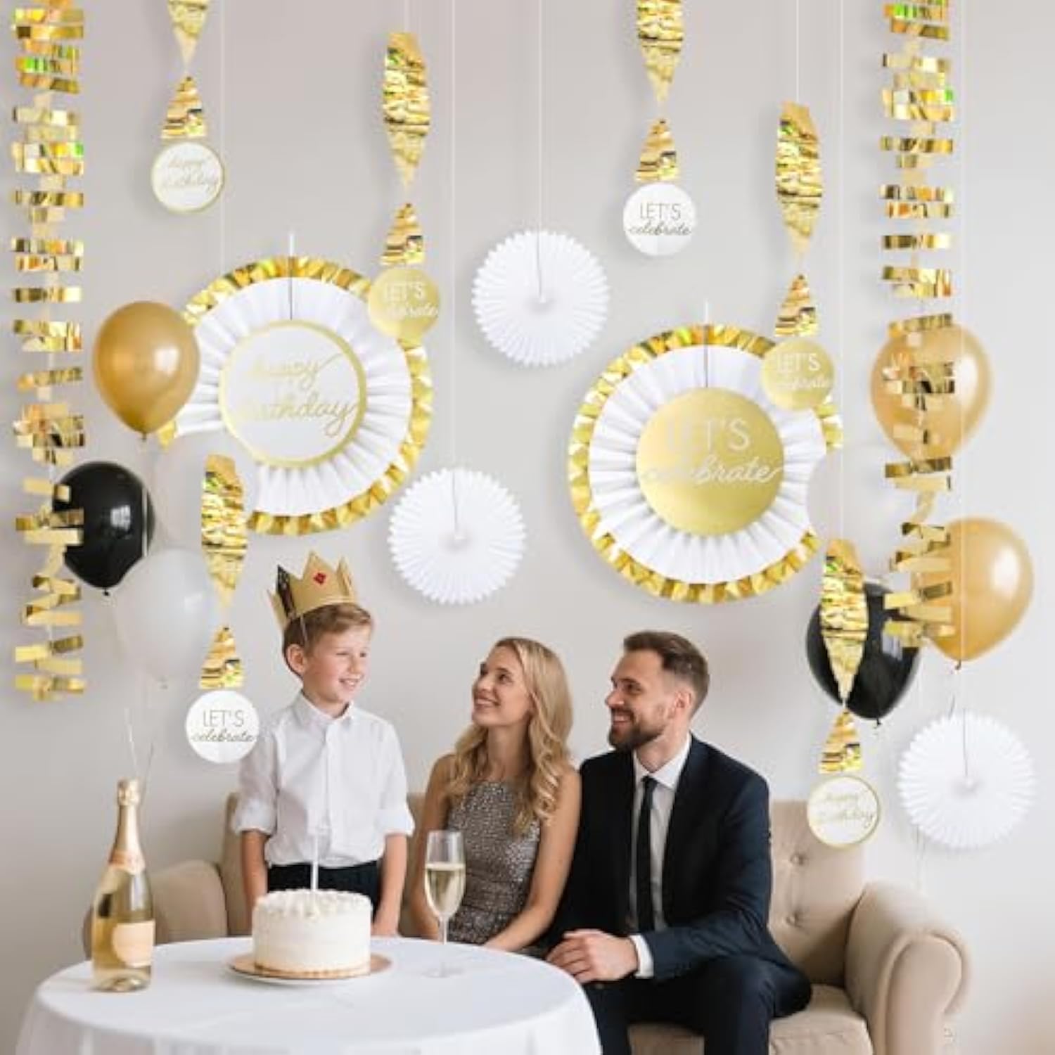 Gold Birthday Party Decorations Kit – 13Pcs White & Metallic Gold Hanging Paper Fans, Foil Swirls & Fringe Garland For Adults, Teens, Kids, Milestone Golden Birthday Backdrop Decor