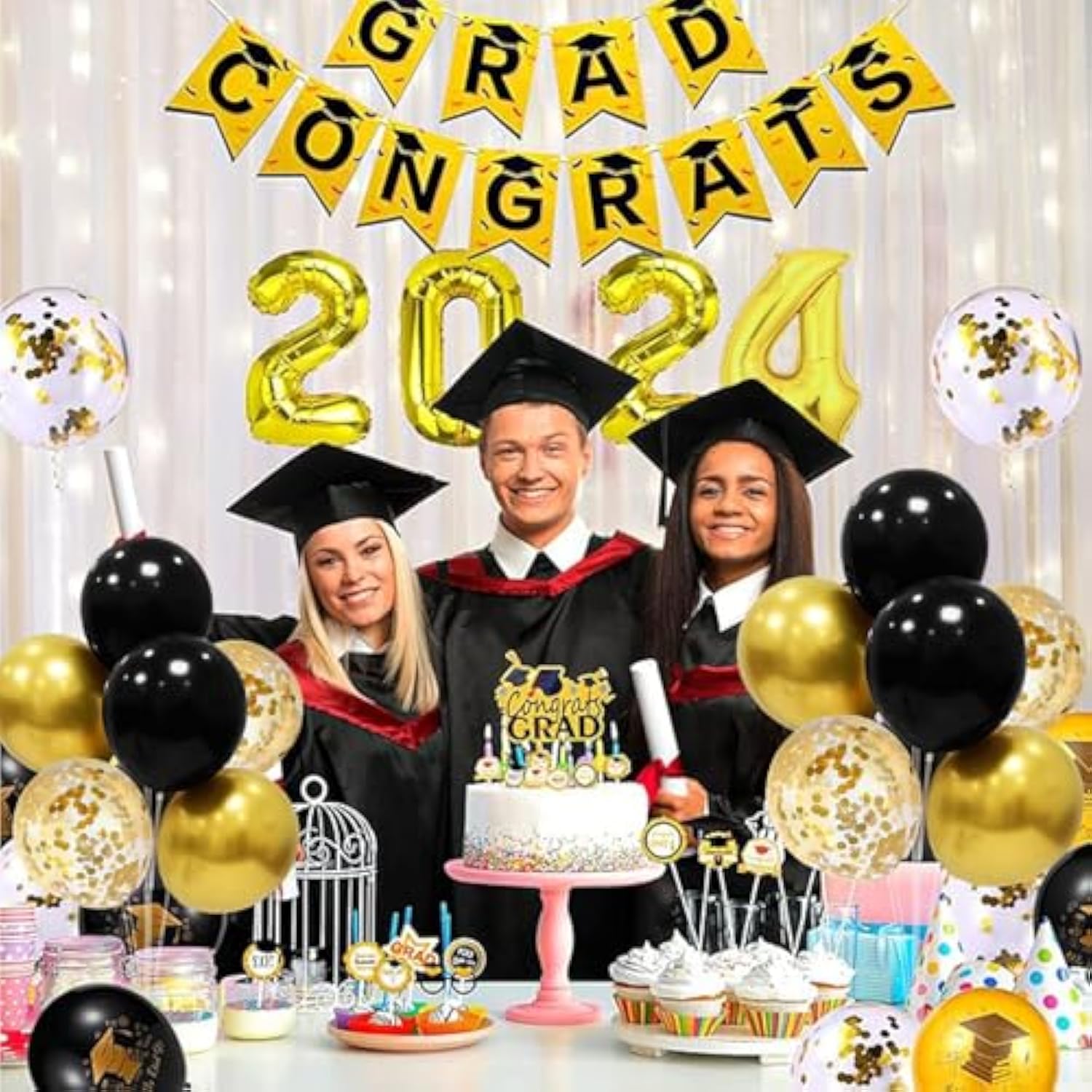 6 Set Balloon Stand With Balloons, Black And Gold Party Decorations, Birthday Graduation Retirement Father'S Day Halloween New Years Decorations 2025