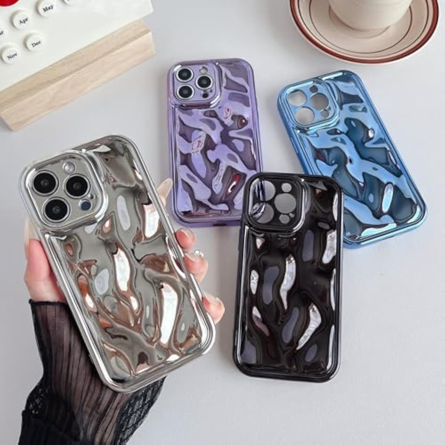 For Iphone 16 Pro Case,Water Ripple Wave Meteorite Bubble Chrome Plating Soft Phone Case (Light Black)