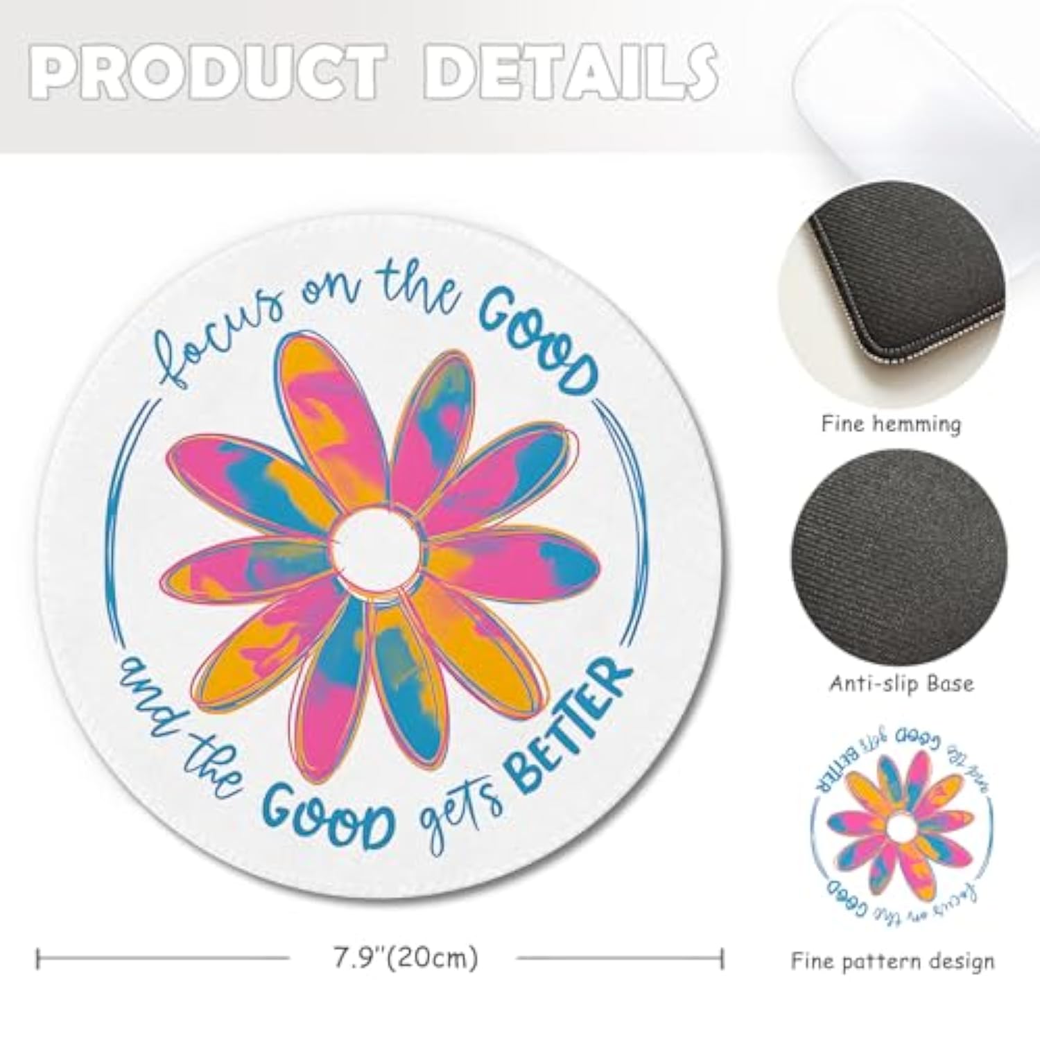 Boho Inspirational Motivational Mental Health Mouse Pad, Focus On The Good Mat With Non-Slip Rubber Base For Home Office Desk Accessories, Gifts For Women Men Teather, 7.9X7.9 Inch
