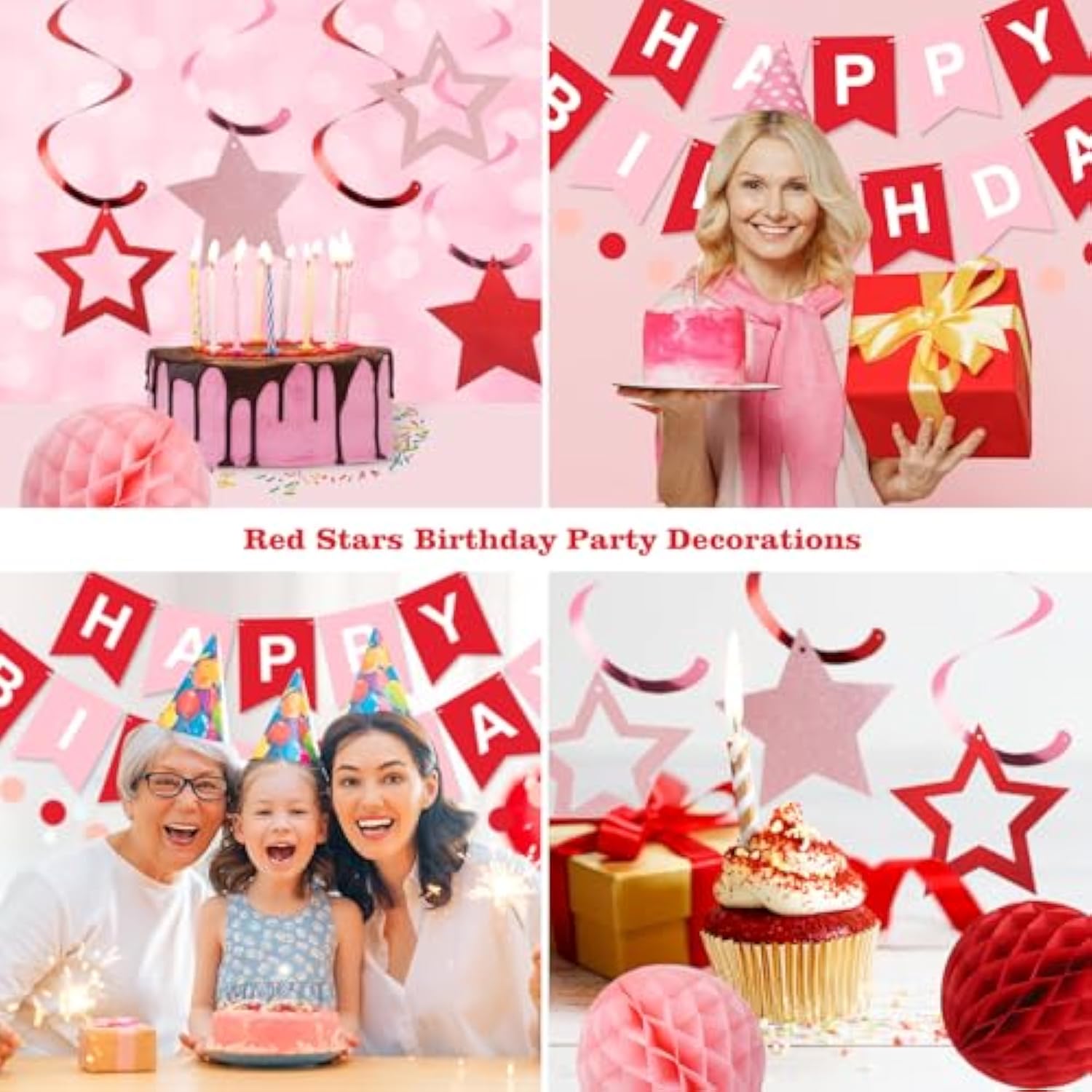 Birthday Decorations, Happy Birthday Banner With Honeycomb Balls, Stars Hanging Swirl Streamers, Circle Dots Garland, Happy Birthday Party Decorations For Women Men Boys Girls (Red)