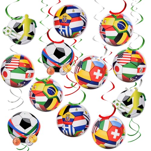 18 Pcs World Cup Decorations 2026 Hanging Swirls, soccer theme party decorations Hanging Ceiling Spirals for World Cup Home Birthday Party (12Pcs Soccer Flag Hanging Swirls and 6pcs Hanging Swirls)