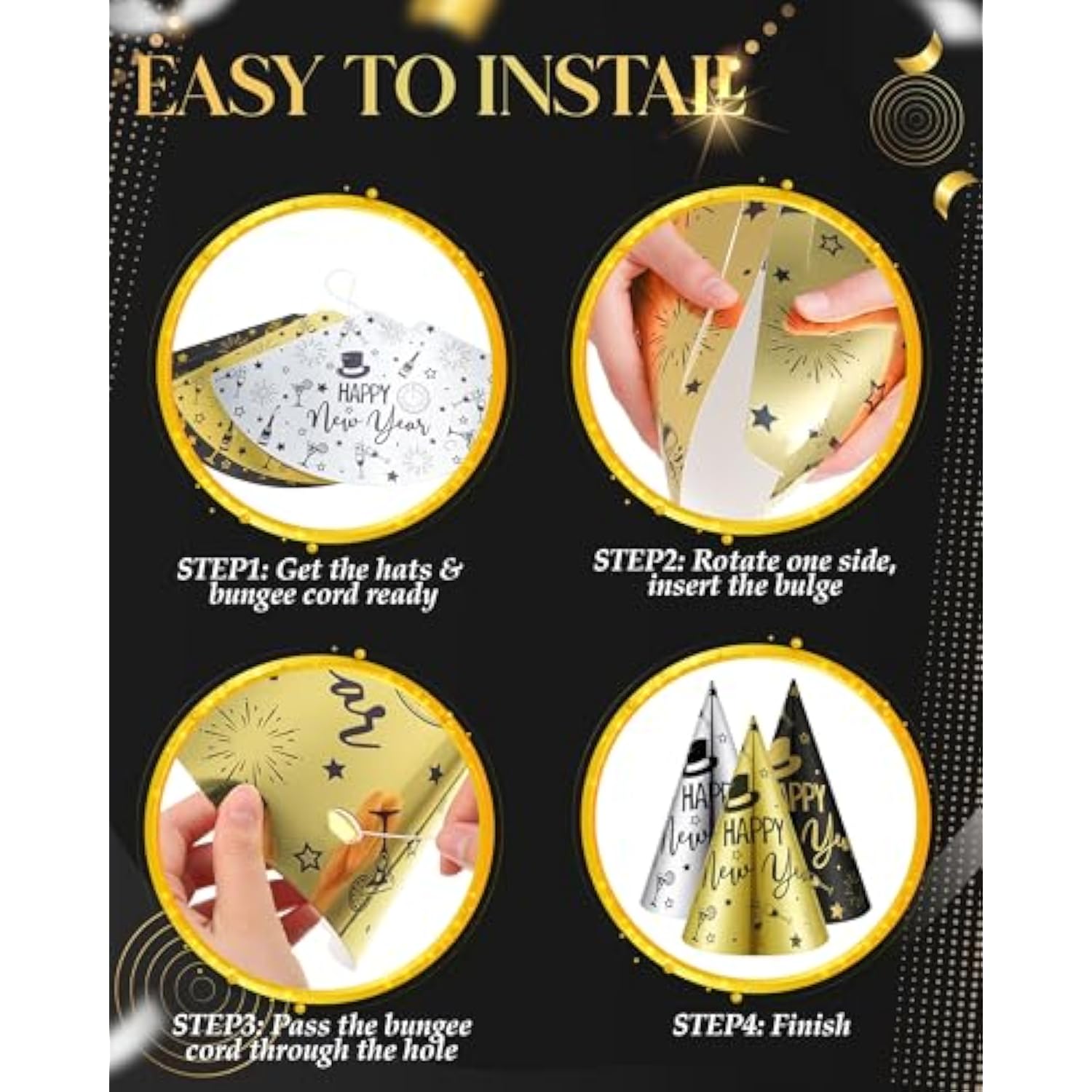 200pcs New Year 2026 Party Favors Black Gold Silver Hats Noise Makers