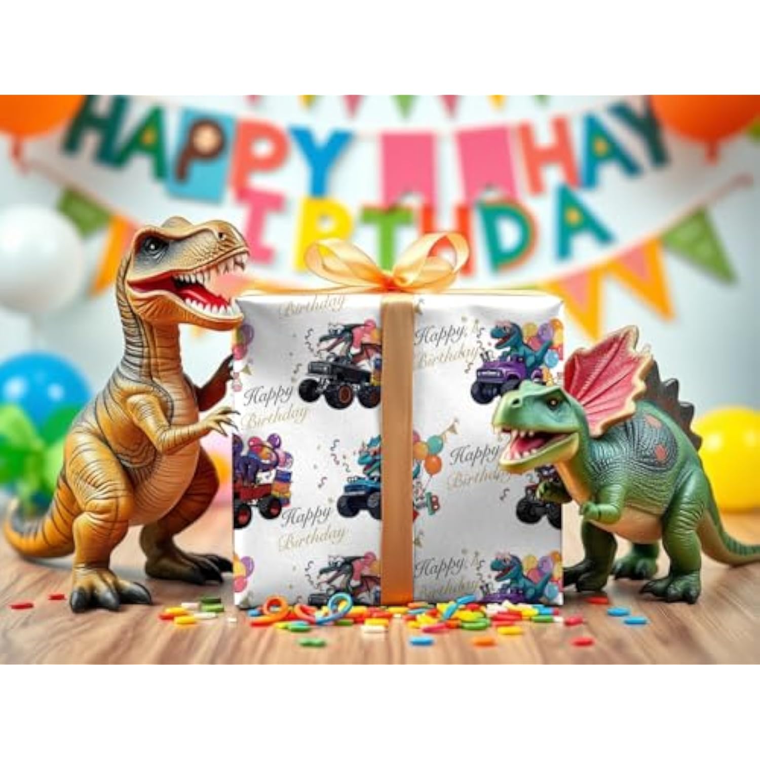 Dinosaur Wrapping Paper For Birthday – Monster Truck Balloon Gift Wrap For Kids Adult - 4 Folded Sheets 28 X 40 Inch, Easy To Store