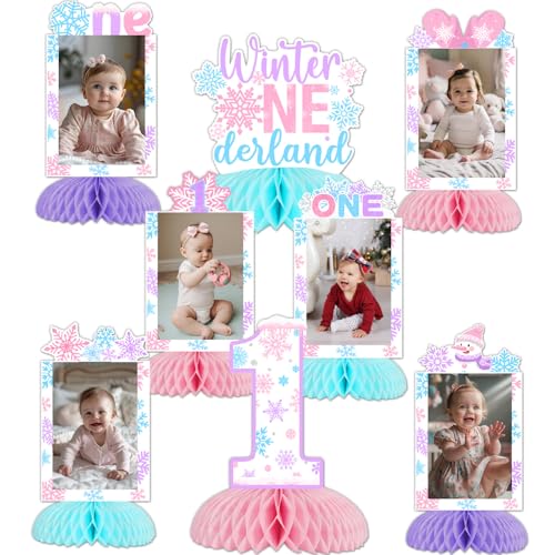 Winter Onederland 1st Birthday Party Decoration, 8pcs Winter Onederland Photo Honeycomb Centerpiece Pink Purple Blue Snowflake Table Topper for Winter Onederland 1st Birthday Girl Decoration