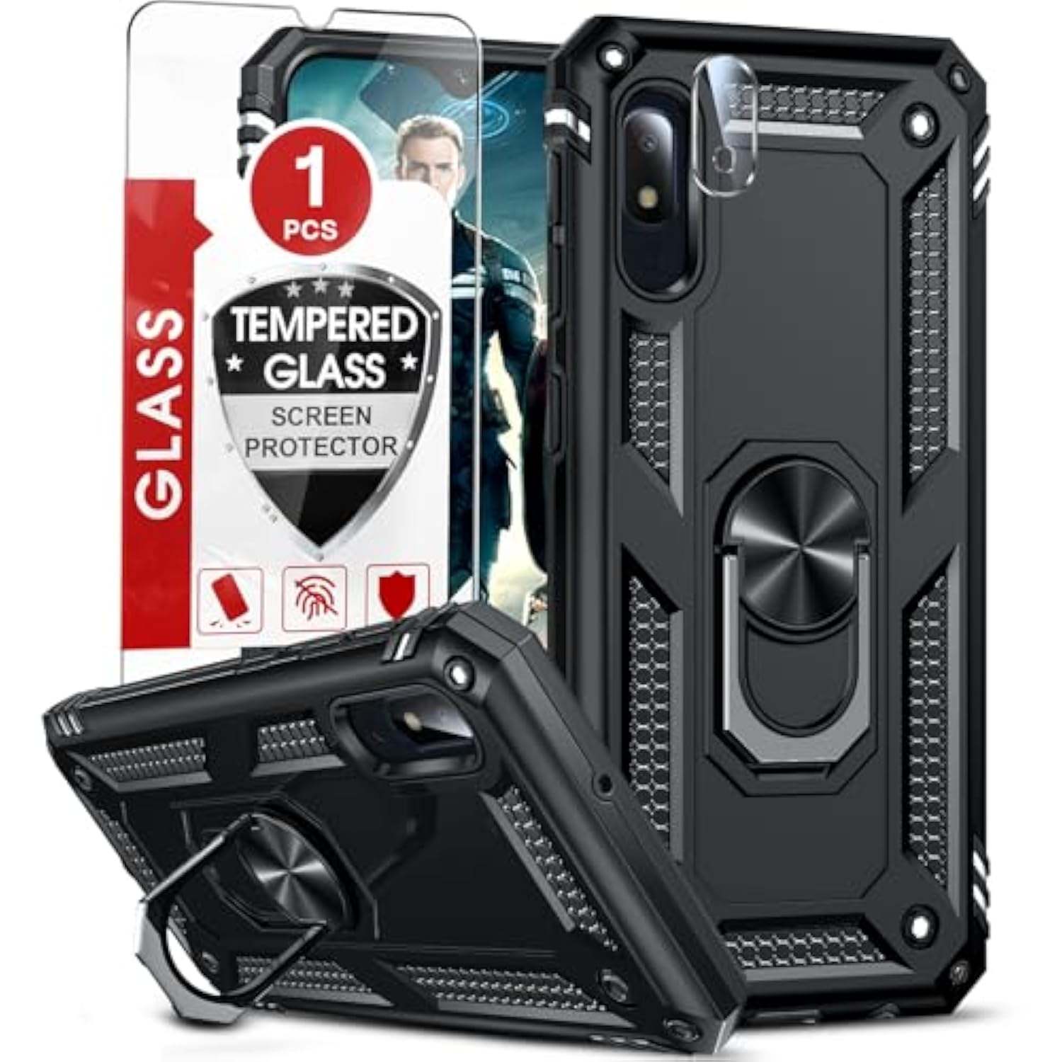 For Samsung Galaxy A10E-Phone Case: Galaxy A10E Case With Screen Protector And Camera Lens Protector, Military Heavy Duty Mobile Cell Case Covers Magnetic Ring Stand Para A 10E Sm102U Boys, Black