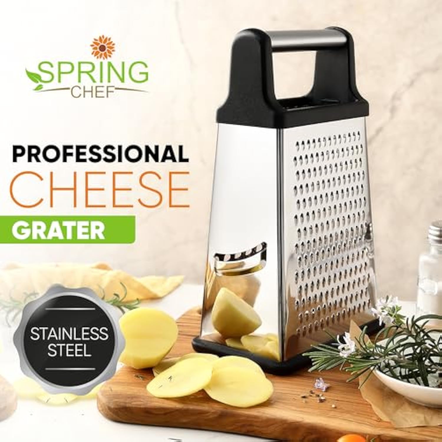 Professional Cheese Grater - Stainless Steel, Xl Size, 4 Sides - Perfect Box Grater For Parmesan Cheese, Vegetables, Ginger - Dishwasher Safe - Black