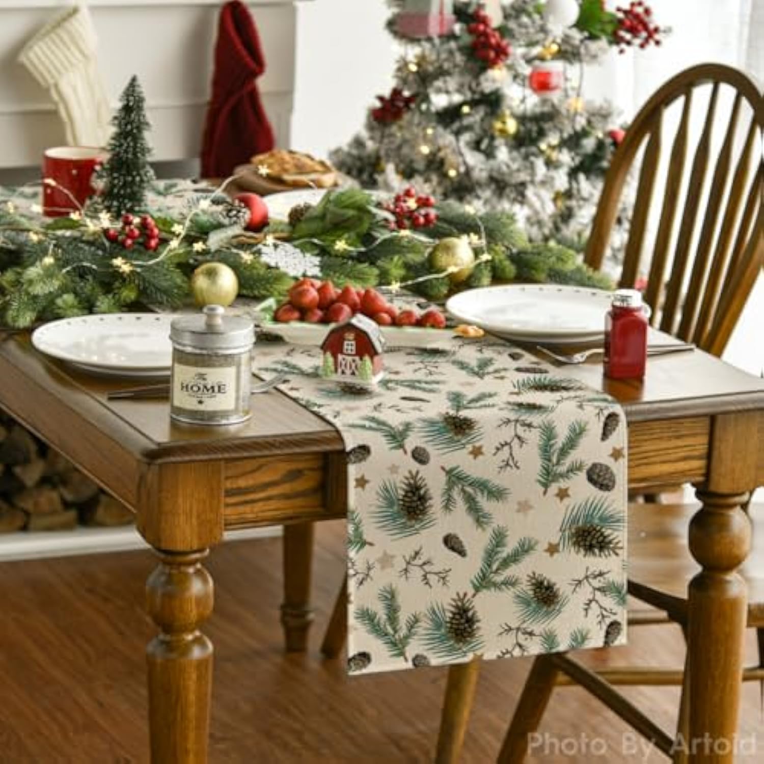 Pine Cone Leaves Stars Merry Christmas Table Runner, Seasonal Winter Green Kitchen Dining Table Decoration For Home Party Decor 13X36 Inch