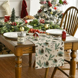 Pine Cone Leaves Stars Merry Christmas Table Runner, Seasonal Winter Green Kitchen Dining Table Decoration For Home Party Decor 13X36 Inch