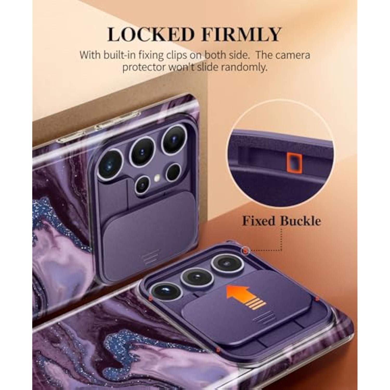For Samsung Galaxy S24 Ultra Case With Slide Camera Cover+Screen Protector, [ Grade Shockproof] Marble Protective Slim & Tough Phone Case For S24 Ultra 6.8"(Quicksand/Purple)