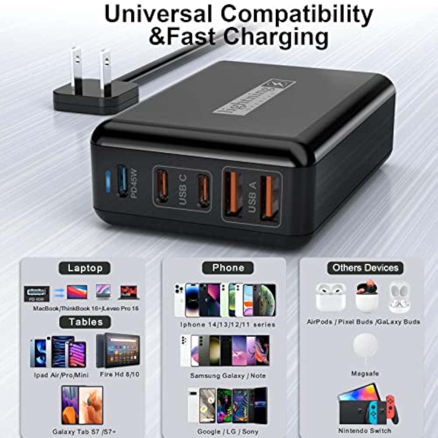 Usb C Charger Block 100W, 5 Ports Charging Blocks Ultra Thin Flat Plug, Usb Charging Hub With 360° Rotated Adhesive Punch-Free Holder, Charging Station For Laptops, Tablets, Cellphones Stuff