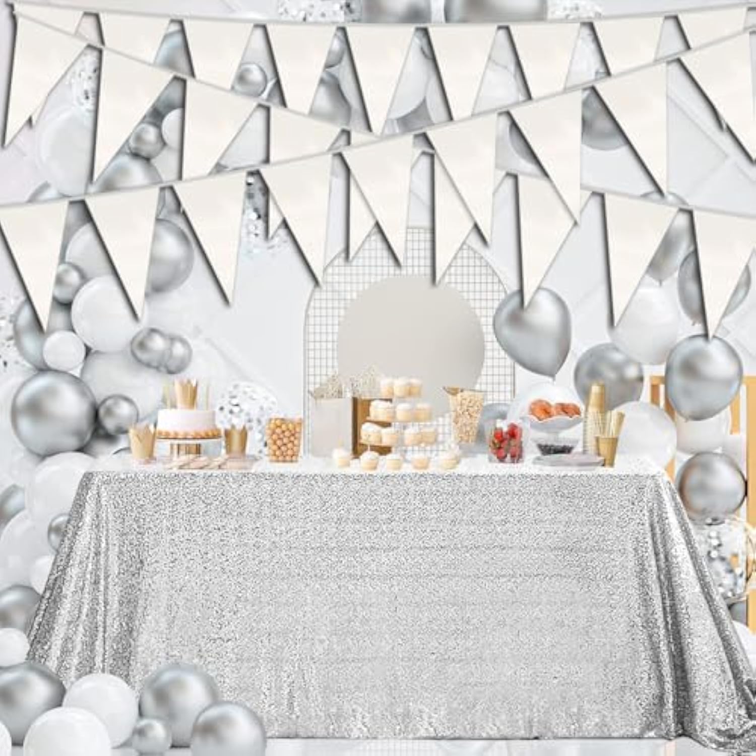 40M/130Ft White Triangle Pennant Banner Flag Metallic Fabric Bunting Garland For Christmas Graduation Wedding Engagement Anniversary Bachelorette Birthday Bridal Shower Valentines Hen Party Supplies