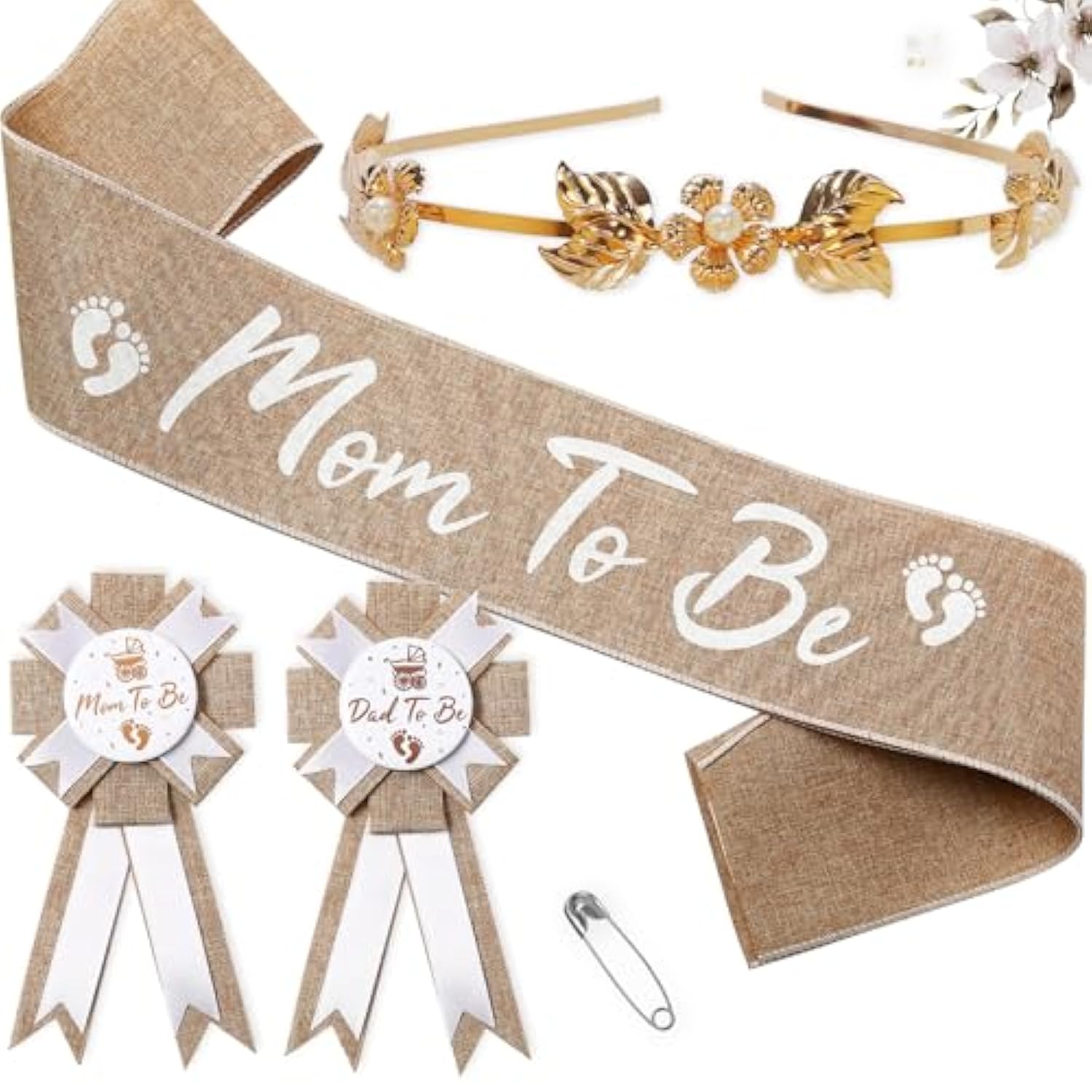 Mom To Be Sash Neutral Baby Shower Decorations, Rustic Boho Mommy To Be Sash Baby Shower Corsage Dad To Be Pin And Flower Crown, Burlap