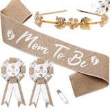 Mom To Be Sash Neutral Baby Shower Decorations, Rustic Boho Mommy To Be Sash Baby Shower Corsage Dad To Be Pin And Flower Crown, Burlap