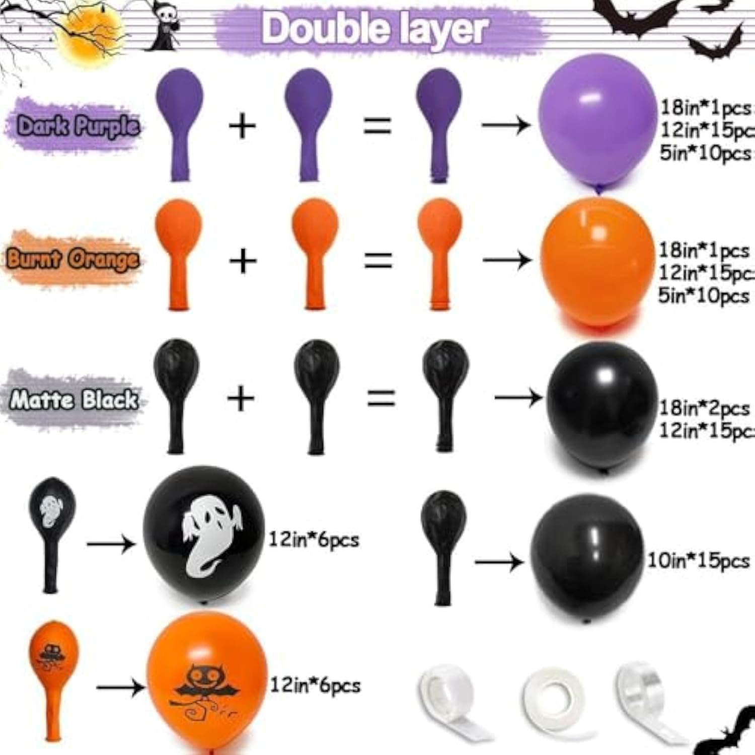 Halloween Balloon Arch Garland Kit with Ghost Bat Balloons Black Purple Orange Party