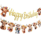Happy Birthday Banner - Highland Cow Print Party Decorations For Farm, Baby Shower, Gold Glitter