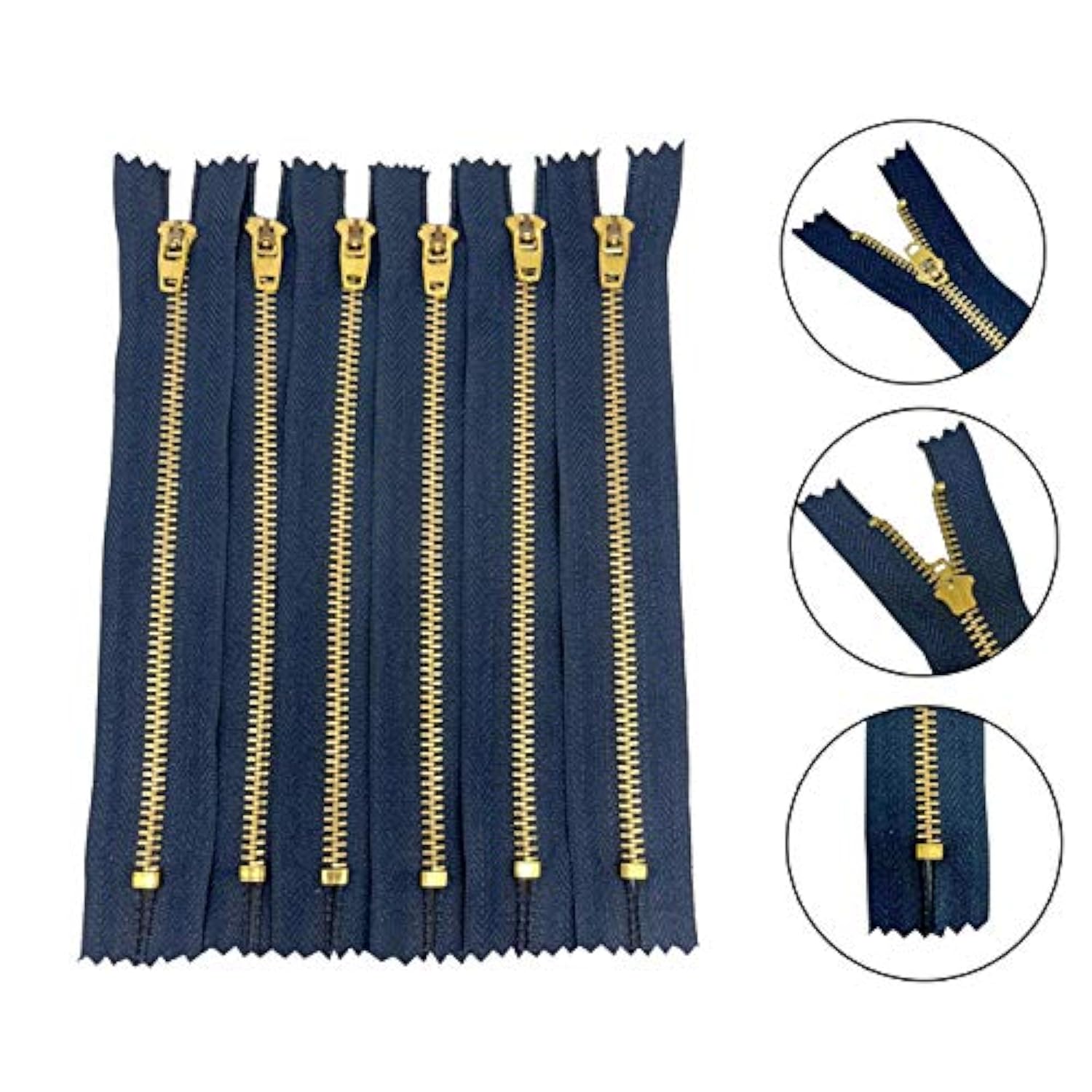 6 Pcs 6 Inch Metal Zippers Closed End #5 Navy Tape Golden Brass Teeth