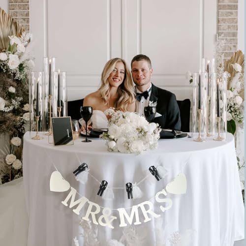 Mr and Mrs Banner for Wedding Reception, 2-Piece Bride and Groom Garland with Hearts and Tassels, Wedding Table Backdrop Decorations for Engagement Party
