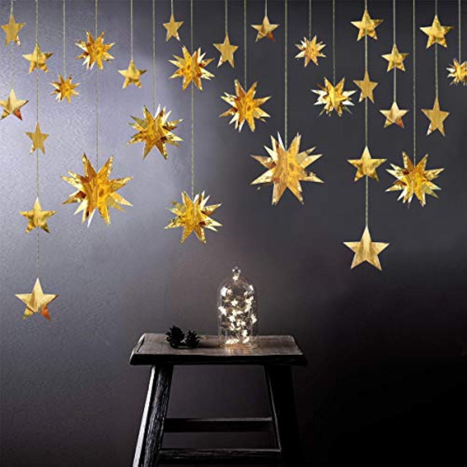 Gold 3D Star Garland – Metallic Hanging Banner for Birthday, Wedding, Eid & Holiday Decor