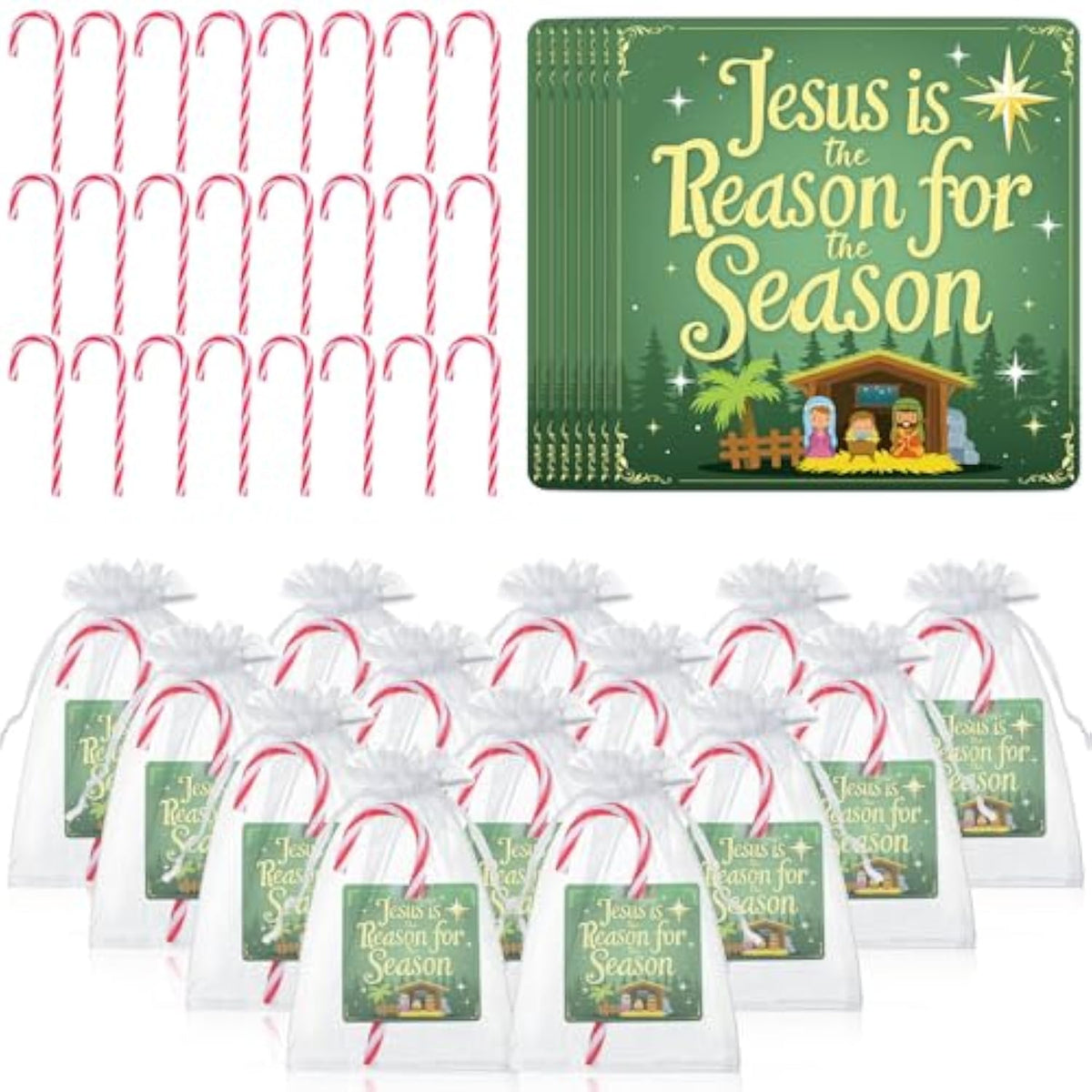 24 Packs Religious Christmas Plastic Peppermint Candy Cane With Jesus Is The Reason For The Season Card Organza Bag Gift Set For Church Gatherings Holiday Events Community Supply