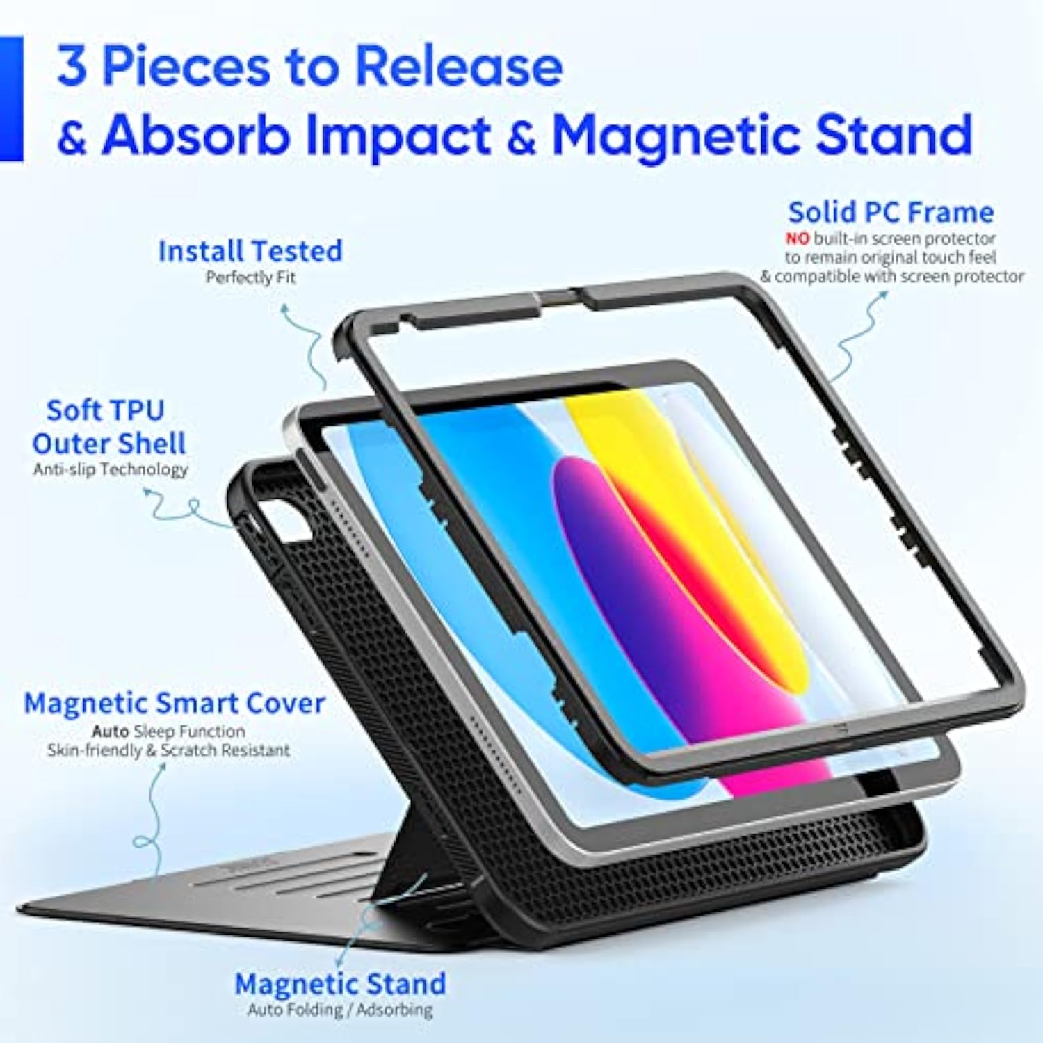 Case For (A16) 11Th/10Th Generation 11''/10.9'', Strong Magnetic Auto Sleep Shockproof Case With Absorbing Multi-Angles Stand, Pen Holder, Card Slot (Black)