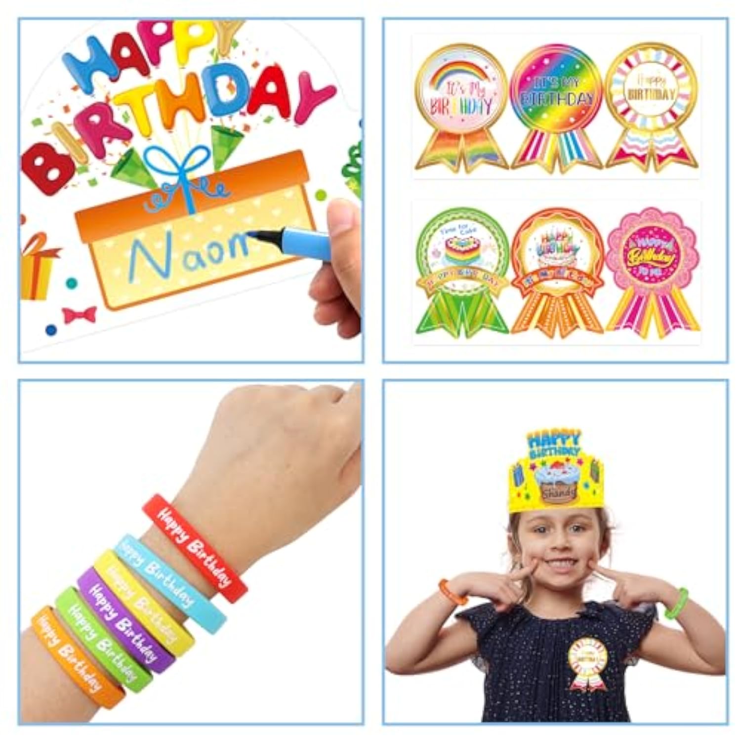 108Pcs Happy Birthday Kits For Kids Classroom Birthday Crowns Rubber Bracelets Badge Stickers School Teachers Students Kindergarten Party Supplies