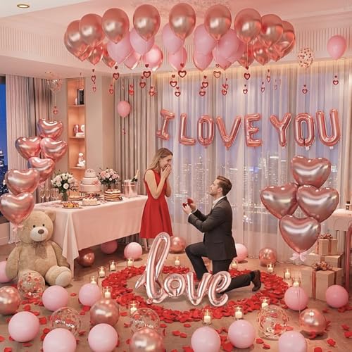 Valentines Day Decorations, I Love You Balloons with Red Silk Rose Petals Flower Romantic Decorations, Rose Gold Pink Heart Balloons Kit for Anniversary Mothers Day Wedding Valentine’s Day Decorations