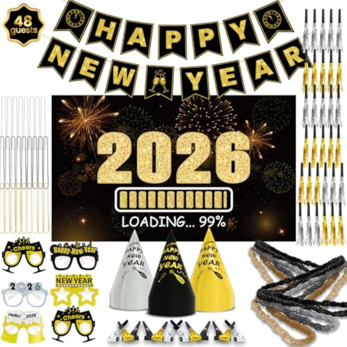 2026 New Year Party Kit for 50 Guests with Hats, Glasses, Beads, and Banner