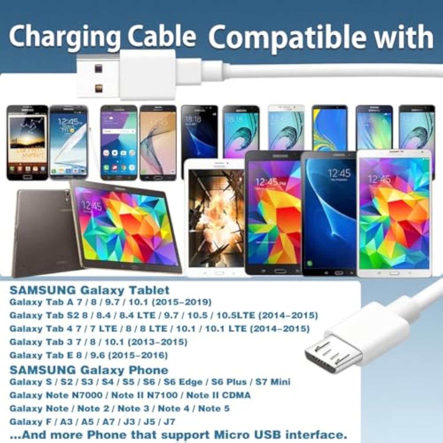 Usb A To Micro Usb Cable 10Ft Usb Charging Block 5V 2A Power Adapter Compatible Fo Samsung Galaxy Tab A, E, S, S2, 3, 4, 7.0" 8.0" 8.4" 9.6" 9.7" 10.1" 10.5" Lte Samsung Tablet Charger Micro Cord Port
