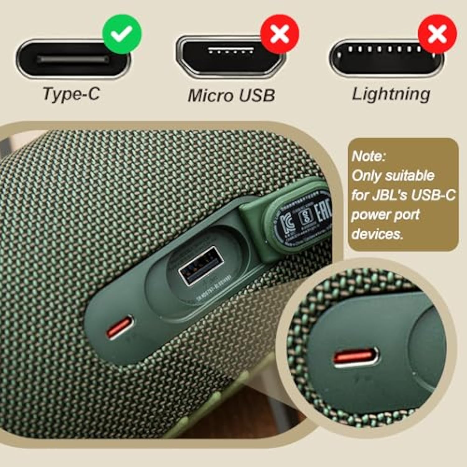 Jbl Charger 20W Fast Charging With 6.6Ft Usb-C Cable, Replacement For Charge 4/5/6, Flip 5 6 7, Pulse 4 5, Clip, Jrpop, Go, Wireless Bluetooth Earphones, Endurance Peak Ii