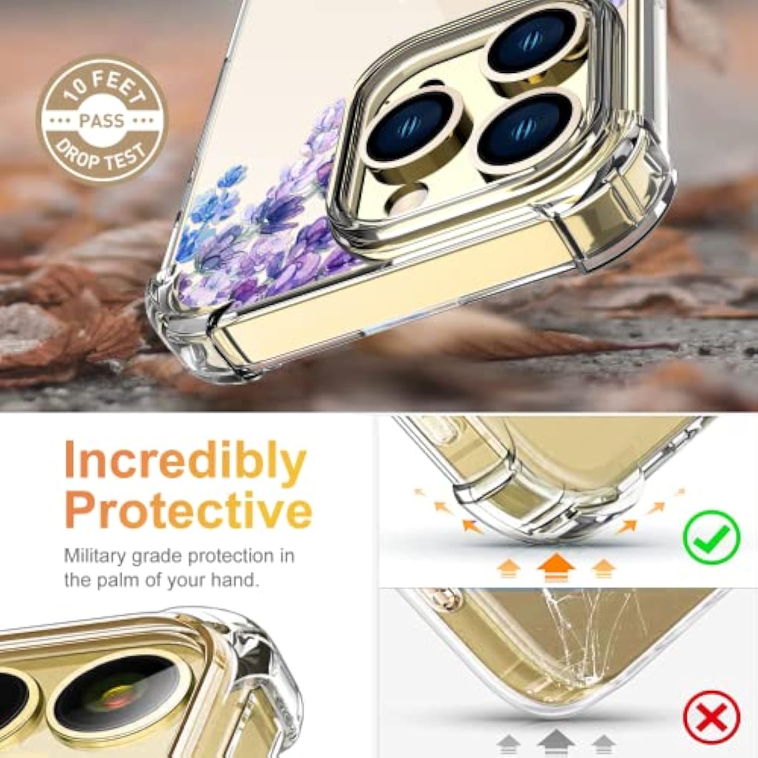 Flower Designed For Iphone 13 Pro Case[With Screen Protector], Floral Clear Women Phone Case Shockproof Protective Soft Tpu Bumper Cover 6.1 Inch 2021 (Lavender/Purple)