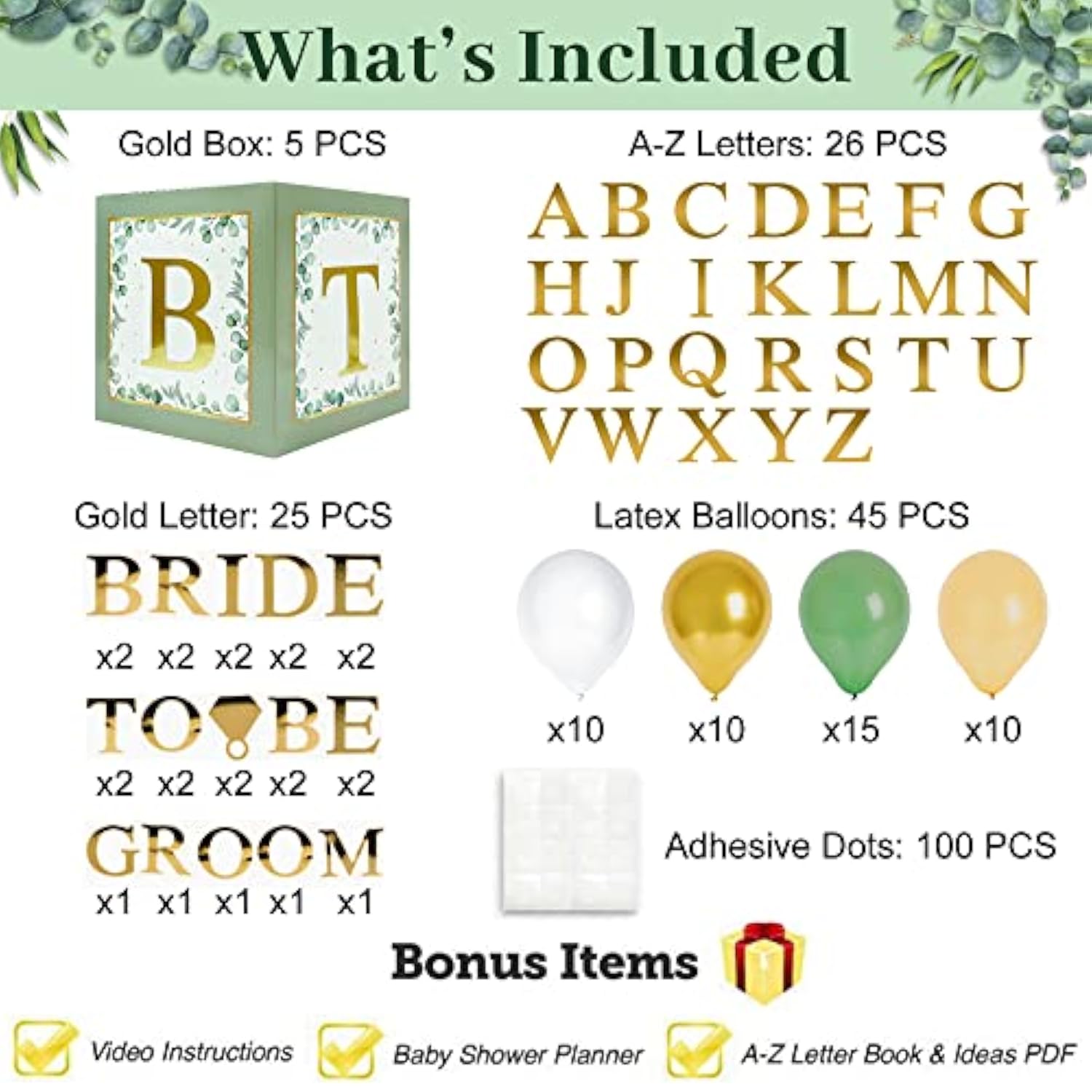 101PC Green Bridal Shower Décor Set – Letter Boxes & Balloons for Wedding or Engagement