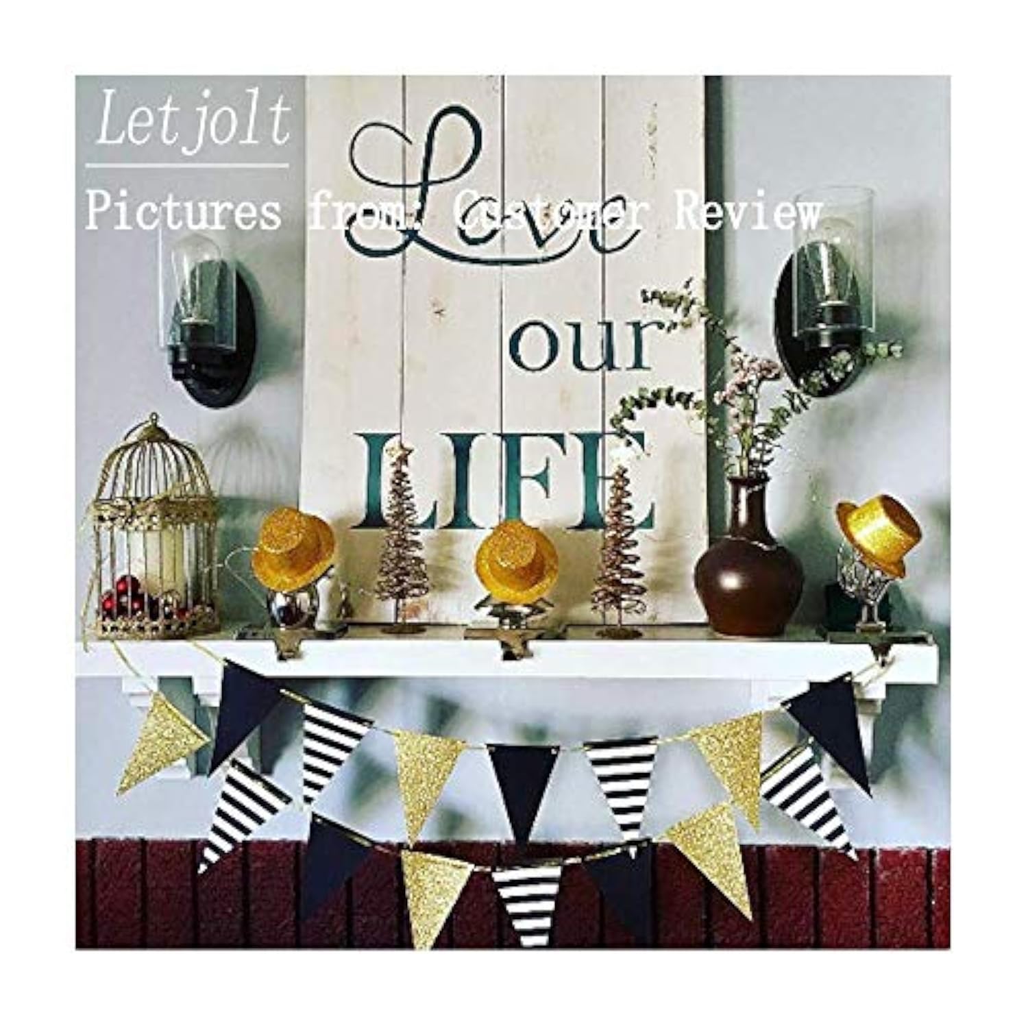 Golden Black Triangle Banner Pennant Bunting 15Pcs 10Ft Birthday Gatsby Decor