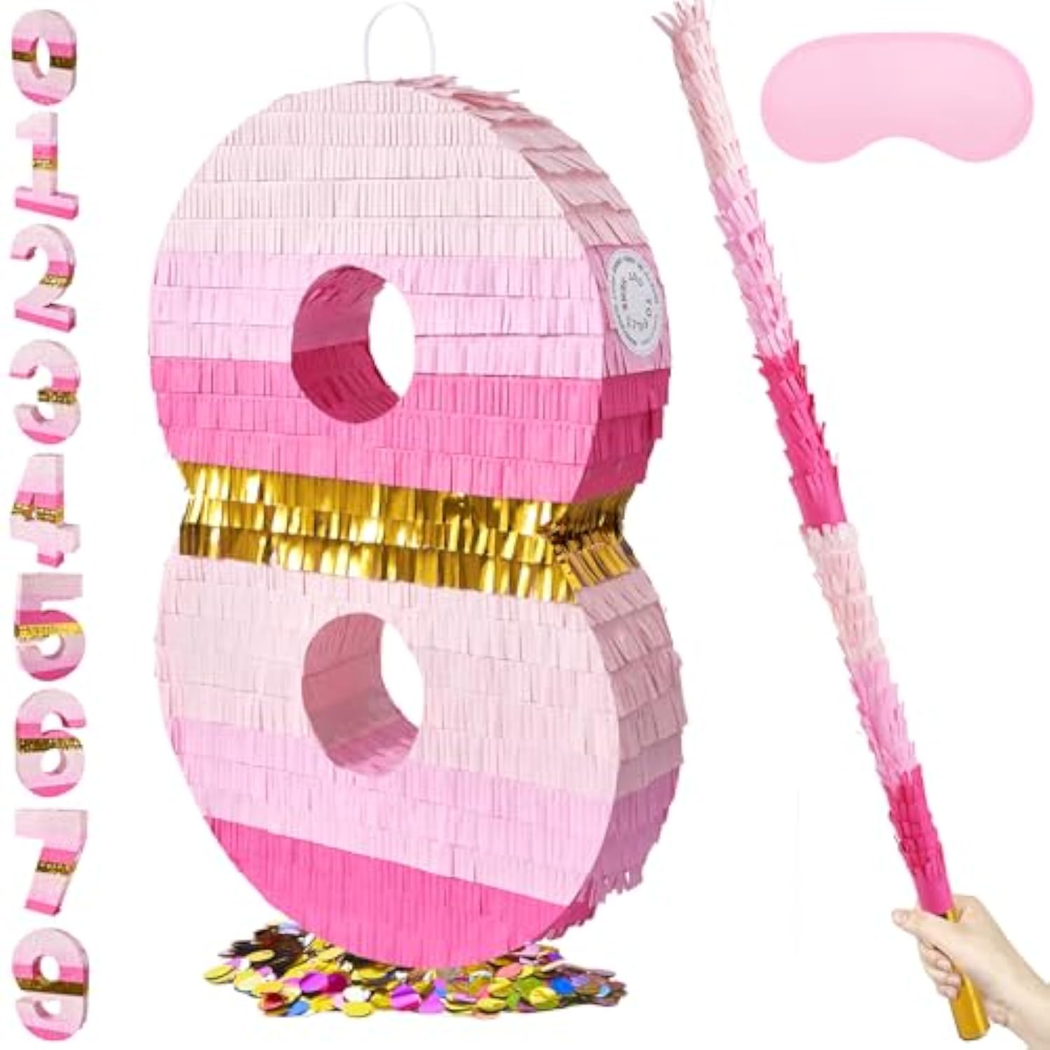 20 Inch Number 8 Piñata Pink Gold With 30 Inch Piñata Stick Blindfold Confetti For Boys Girls Adults Birthday Party Decorations, Anniversary Celebration, Fiesta